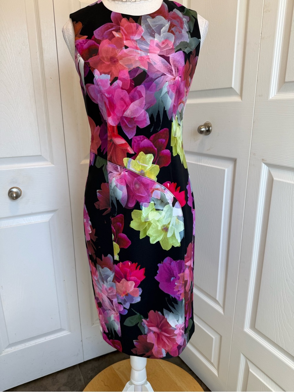 Nicole Miller Black Midi Dress with Pink, Magenta & Lime Floral Print
